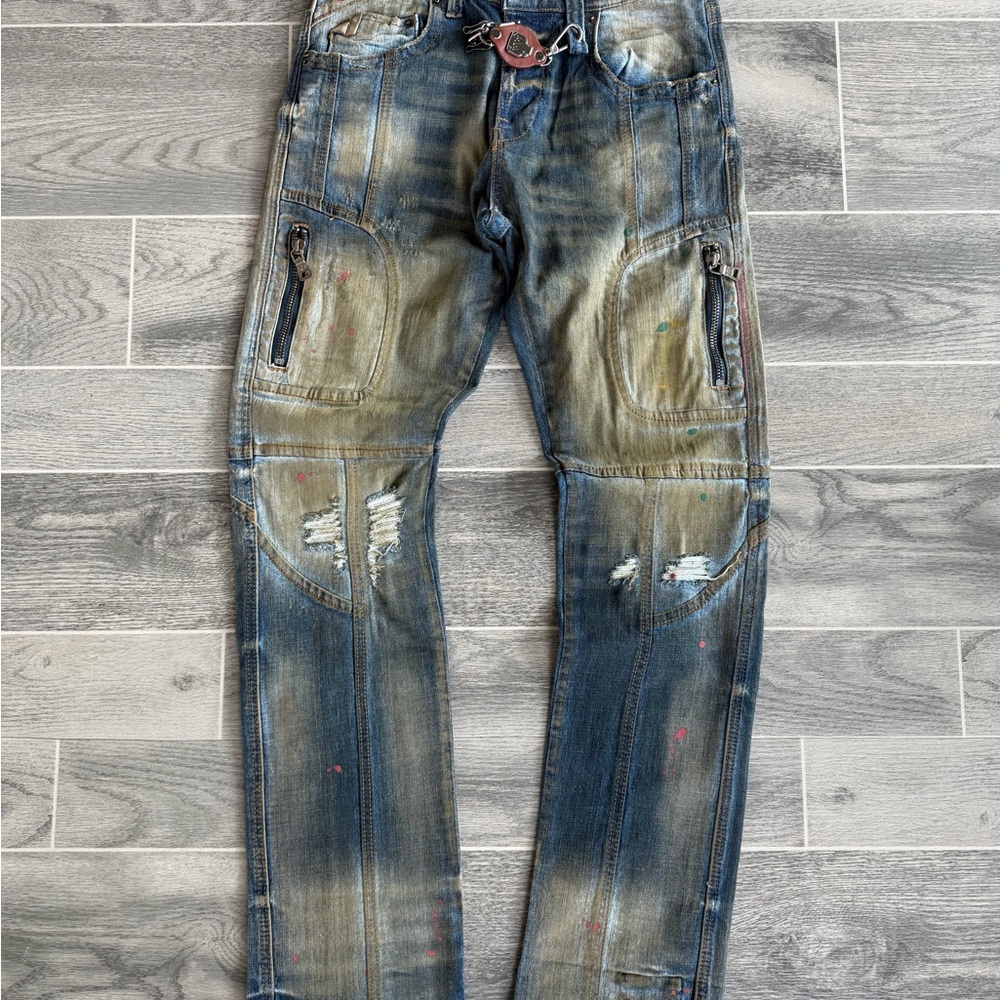 Men's Distressed Slim Jeans in Blue and Tan